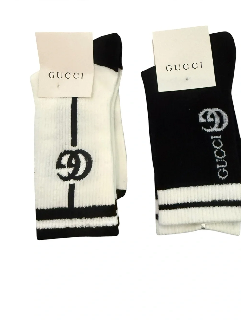 2 Pair Gucci Outlet Women’s Black & White Logo Crew Socks - Pack of 2